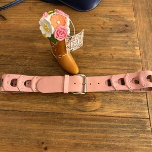 Retro Pink Leather Cutout Belt with Rivet Accents